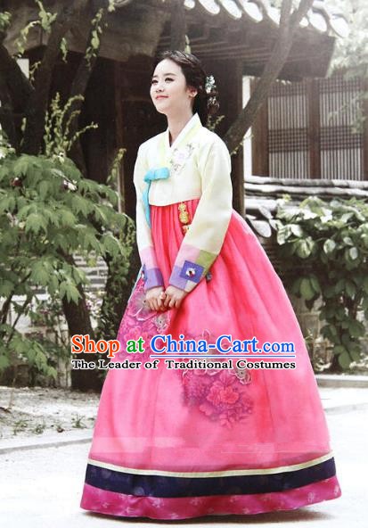 Top Grade Korean Hanbok Ancient Traditional Fashion Apparel Costumes Beige Blouse and Rosy Dress for Women