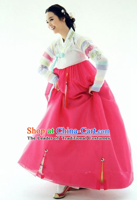 Top Grade Korean Hanbok Ancient Traditional Fashion Apparel Costumes White Blouse and Rosy Dress for Women