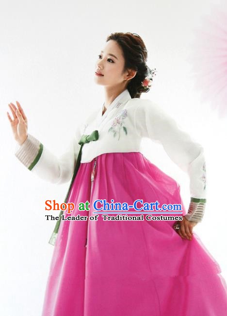 Top Grade Korean Hanbok White Blouse and Rosy Dress Ancient Traditional Fashion Apparel Costumes for Women