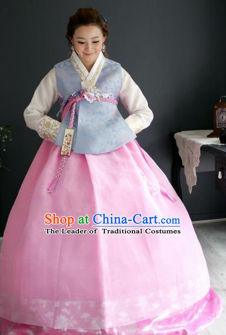 Korean Traditional Hanbok Blue Blouse and Pink Dress Ancient Fashion Apparel Costumes for Women