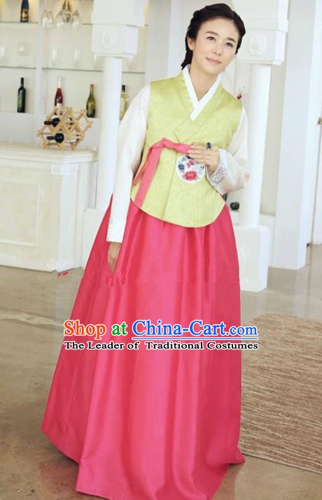 Korean Traditional Hanbok Green Blouse and Rosy Dress Ancient Formal Occasions Fashion Apparel Costumes for Women