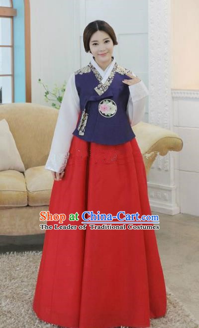 Korean Traditional Hanbok Bride Purple Blouse and Red Dress Ancient Formal Occasions Fashion Apparel Costumes for Women