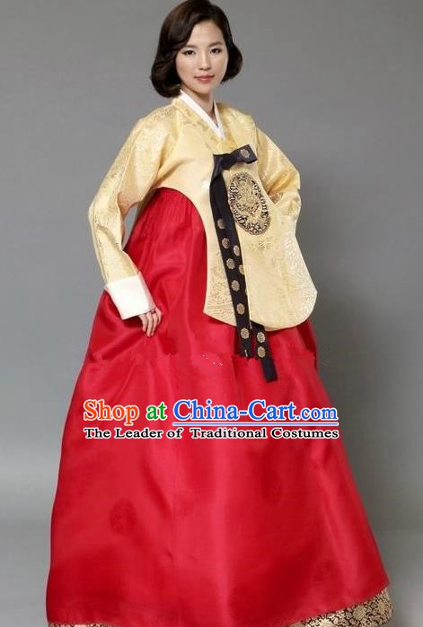 Korean Traditional Hanbok Bride Yellow Blouse and Red Dress Ancient Formal Occasions Fashion Apparel Costumes for Women