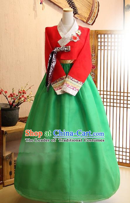 Korean Traditional Hanbok Bride Red Blouse and Green Dress Ancient Formal Occasions Fashion Apparel Costumes for Women