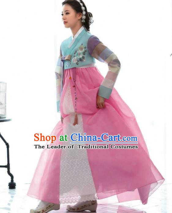 Korean Traditional Bride Hanbok Blue Blouse and Pink Dress Ancient Formal Occasions Fashion Apparel Costumes for Women