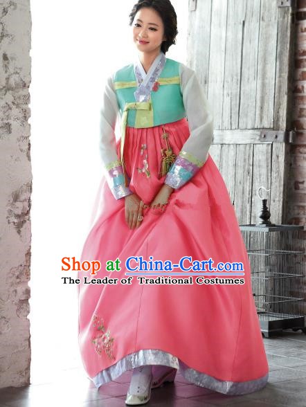 Korean Traditional Bride Hanbok Green Blouse and Pink Embroidered Dress Ancient Formal Occasions Fashion Apparel Costumes for Women