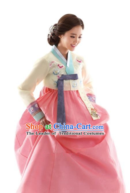 Korean Traditional Bride Hanbok Beige Blouse and Pink Embroidered Dress Ancient Formal Occasions Fashion Apparel Costumes for Women