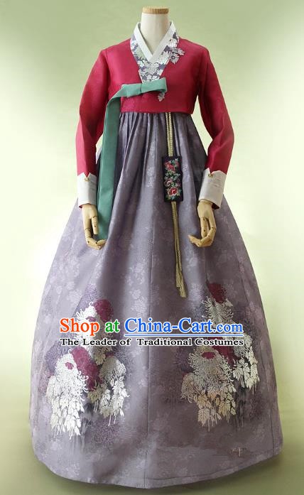 Korean Traditional Bride Hanbok Wine Red Blouse and Purple Embroidered Dress Ancient Formal Occasions Fashion Apparel Costumes for Women