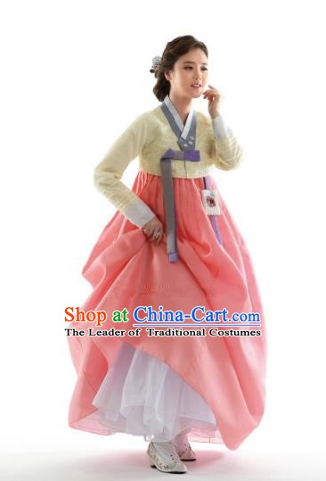 Korean Traditional Bride Hanbok Yellow Blouse and Pink Embroidered Dress Ancient Formal Occasions Fashion Apparel Costumes for Women