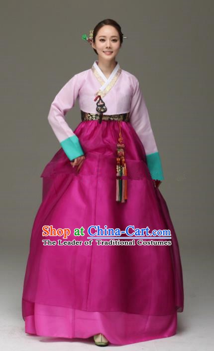 Korean Traditional Bride Hanbok Pink Blouse and Purple Embroidered Dress Ancient Formal Occasions Fashion Apparel Costumes for Women