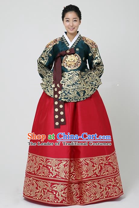 Korean Traditional Bride Hanbok Formal Occasions Peacock Green Blouse and Red Dress Ancient Fashion Apparel Costumes for Women