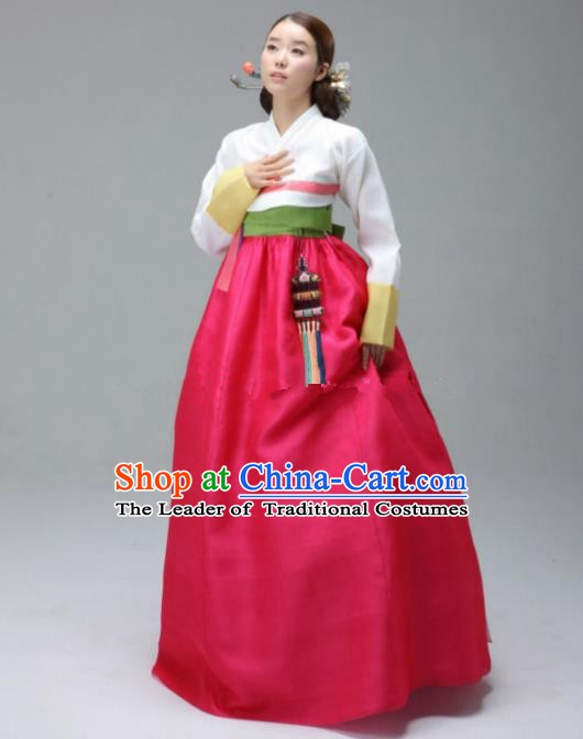 Korean Traditional Bride Hanbok Formal Occasions White Blouse and Rosy Dress Ancient Fashion Apparel Costumes for Women