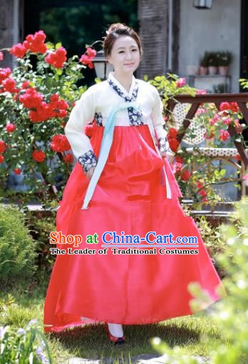 Korean Traditional Bride Hanbok Formal Occasions White Blouse and Red Dress Ancient Fashion Apparel Costumes for Women