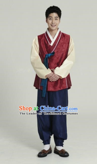 Traditional Korean Costumes Ancient Palace Korean Bridegroom Hanbok Wine Red Vest and Navy Pants for Men