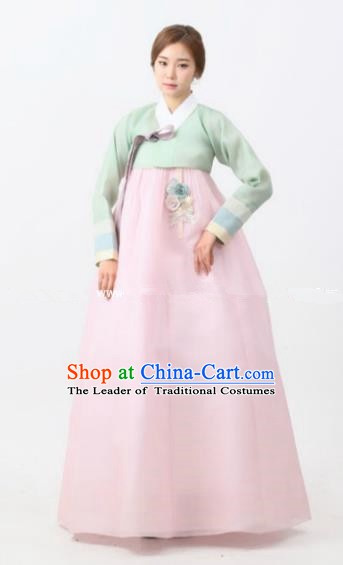 Korean Traditional Bride Hanbok Formal Occasions Green Blouse and Light Pink Dress Ancient Fashion Apparel Costumes for Women