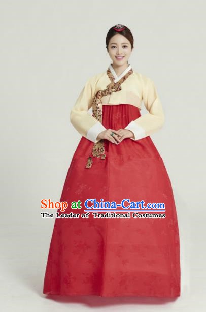 Korean Traditional Bride Tang Garment Hanbok Formal Occasions Yellow Blouse and Red Dress Ancient Costumes for Women