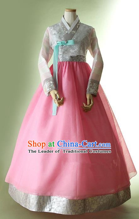 Korean Traditional Bride Tang Garment Hanbok Formal Occasions Grey Blouse and Pink Dress Ancient Costumes for Women