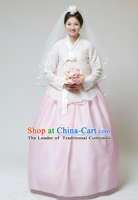 Korean Traditional Bride Tang Garment Hanbok Formal Occasions White Lace Blouse and Pink Dress Ancient Costumes for Women