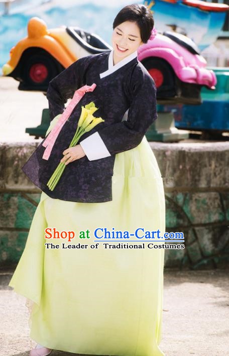 Korean Traditional Bride Tang Garment Hanbok Formal Occasions Navy Blouse and Yellow Dress Ancient Costumes for Women