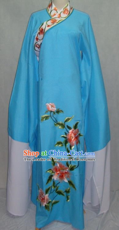 China Beijing Opera Lang Scholar Niche Costume Blue Embroidered Peony Robe for Adults