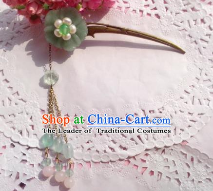 Chinese Ancient Princess Hair Accessories Tassel Hair Clip Green Flowers Hairpins for Women