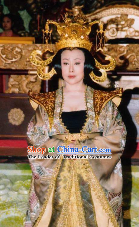 Ancient Chinese Tang Dynasty Empress Wu Zetian Embroidered Dress Queen Historical Costume and Headpiece Complete Set for Women