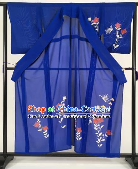 Japan Traditional Kimonos Blue Furisode Kimono Ancient Yukata Dress Formal Costume for Women