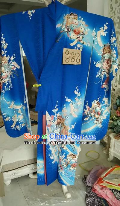 Ancient Japanese Palace Blue Furisode Kimonos Traditional Printing Flowers Yukata Dress Formal Costume for Women