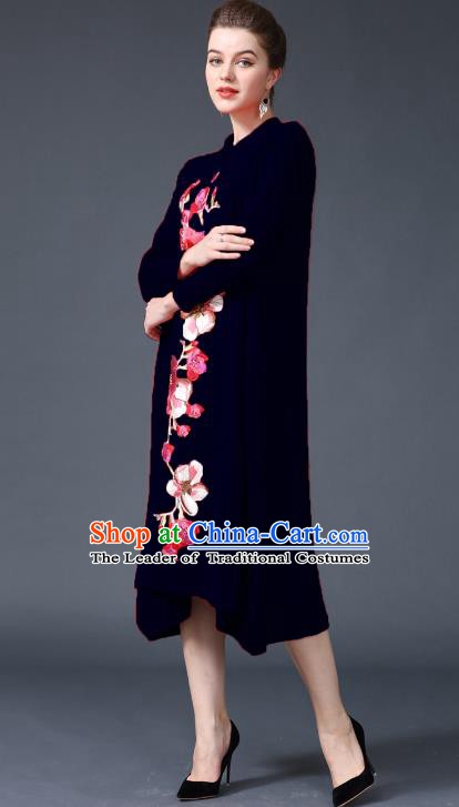 Chinese National Costume Embroidered Peony Navy Cheongsam Qipao Dress for Women