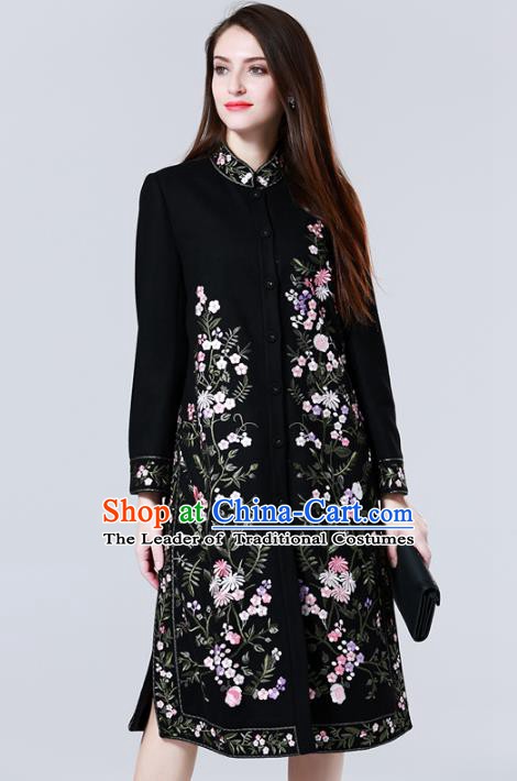 Chinese National Costume Black Wool Coats Traditional Embroidered Dust Coats for Women