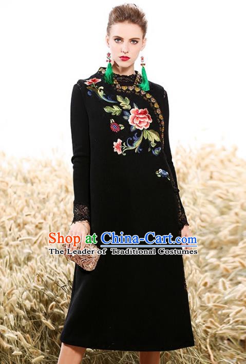 Chinese National Costume Traditional Embroidered Vests Dress Black Cheongsam for Women