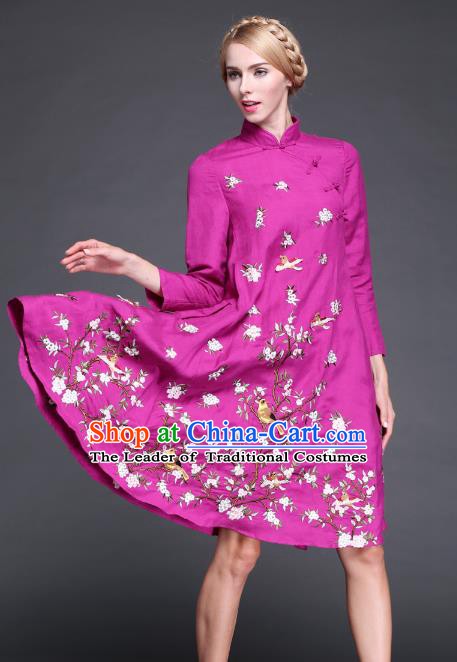 Chinese National Costume Embroidered Flowers Birds Rosy Qipao Dress Cheongsam for Women