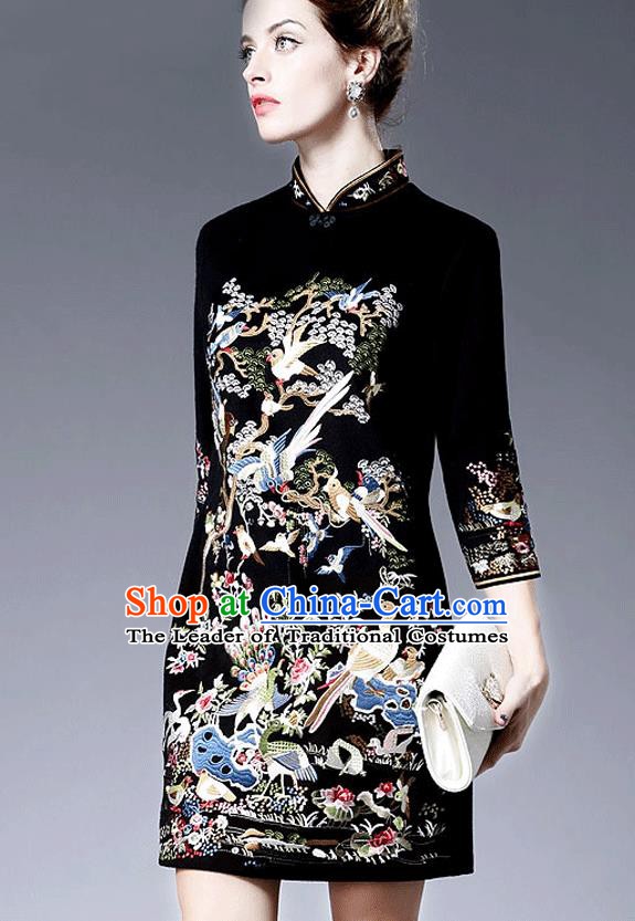 Chinese National Costume Embroidered Black Qipao Dress Stand Collar Cheongsam for Women