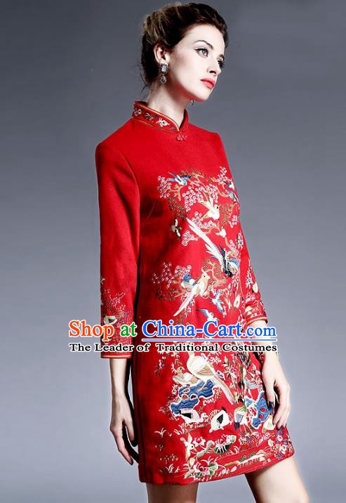 Chinese National Costume Embroidered Red Qipao Dress Stand Collar Cheongsam for Women