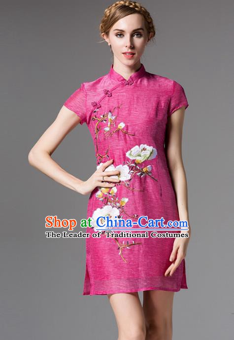 Chinese National Costume Embroidered Pink Qipao Dress Stand Collar Cheongsam for Women