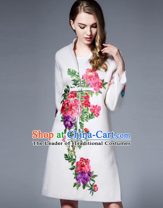 Chinese National Costume White Wool Coats Traditional Embroidered Peony Dust Coats for Women