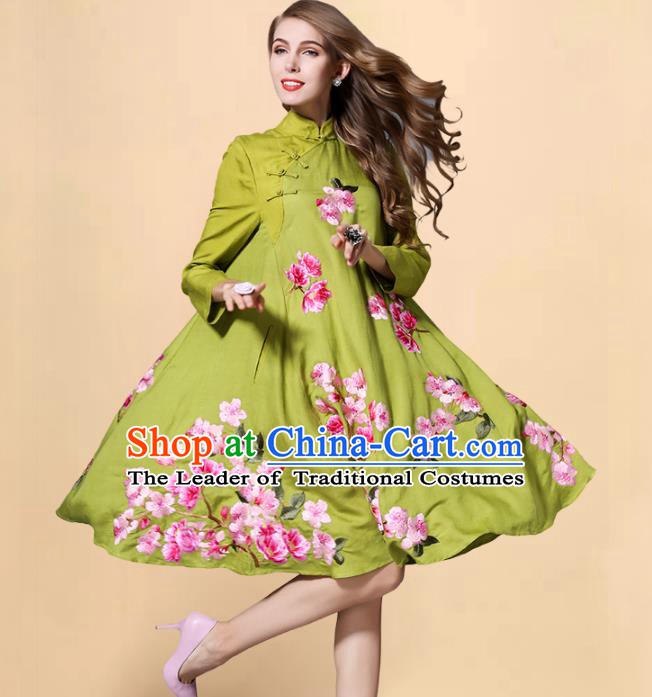 Chinese National Costume Embroidered Peach Blossom Green Qipao Dress Stand Collar Cheongsam for Women