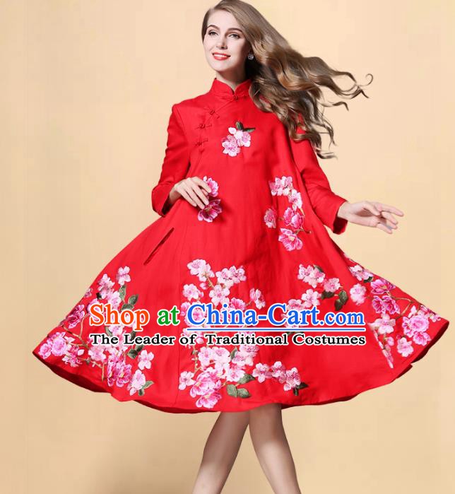 Chinese National Costume Embroidered Peach Blossom Red Qipao Dress Stand Collar Cheongsam for Women