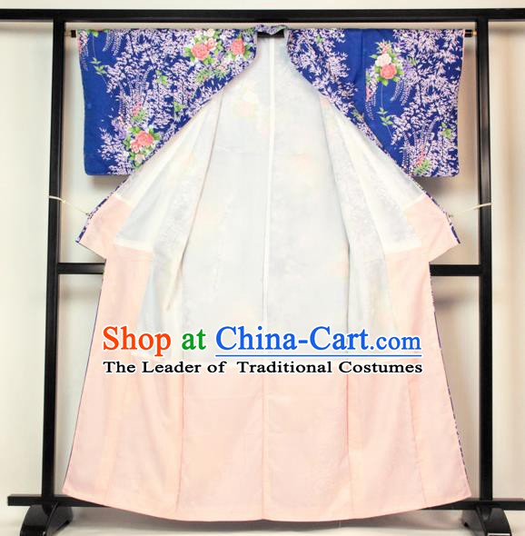 Ancient Japanese Garment Palace Printing Blue Furisode Kimonos Traditional Yukata Dress Costume for Women