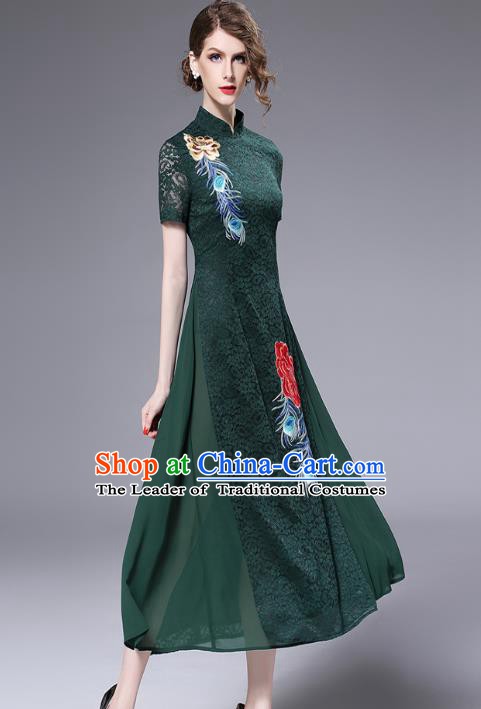 Chinese National Costume Green Lace Cheongsam Embroidered Qipao Dress for Women