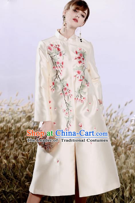 Chinese National Costume Plated Buttons White Coats Traditional Embroidered Dust Coat for Women