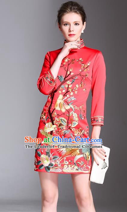 Chinese National Costume Stand Collar Embroidered Cheongsam Vintage Red Qipao Dress for Women