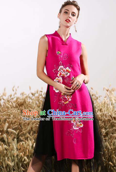 Chinese National Costume Embroidered Peony Rosy Cheongsam Vintage Veil Qipao Dress for Women