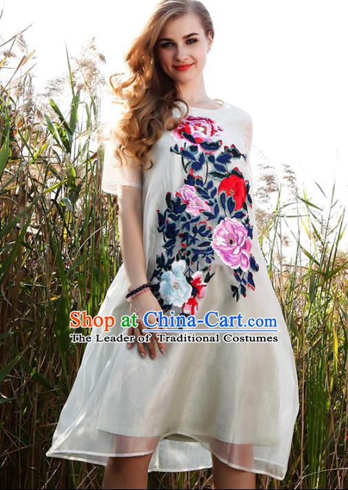 Chinese National Costume White Organza Cheongsam Embroidered Peony Qipao Dress for Women