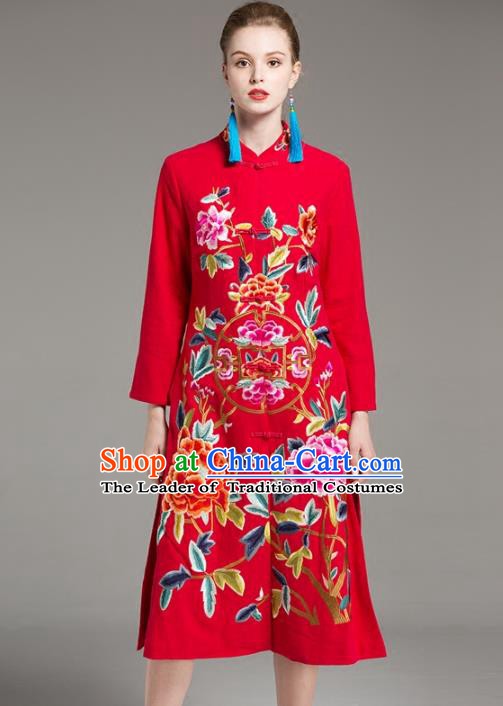 Chinese National Costume Embroidered Peony Red Long Coats Traditional Dust Coat for Women