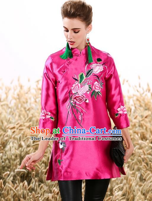 Chinese National Costume Tang Suit Pink Shirts Traditional Embroidered Peony Blouse for Women