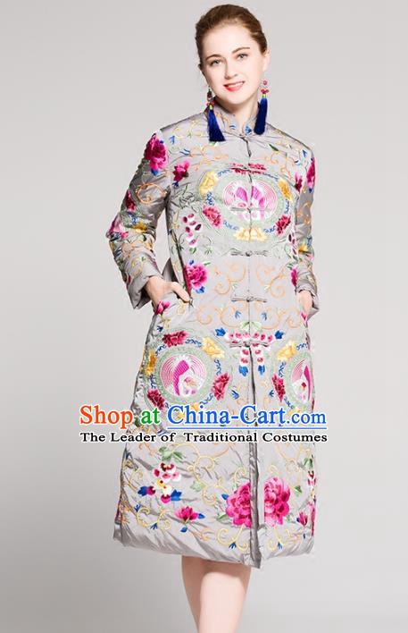 Chinese National Costume Embroidered Cotton-Padded Coats Traditional Grey Dust Coat for Women