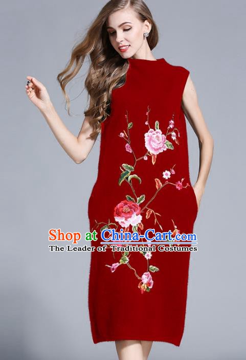 Chinese National Costume Cheongsam Embroidered Peony Red Dress Tang Suit Qipao for Women