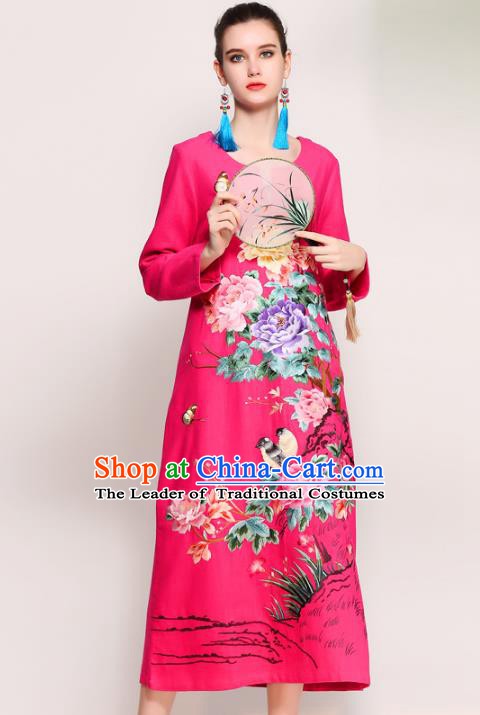 Chinese National Costume Tang Suit Pink Qipao Dress Traditional Embroidered Peony Flowers Cheongsam for Women