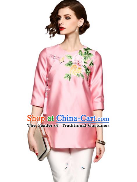Chinese National Costume Tang Suit Qipao Shirts Traditional Embroidered Peony Pink Blouse for Women